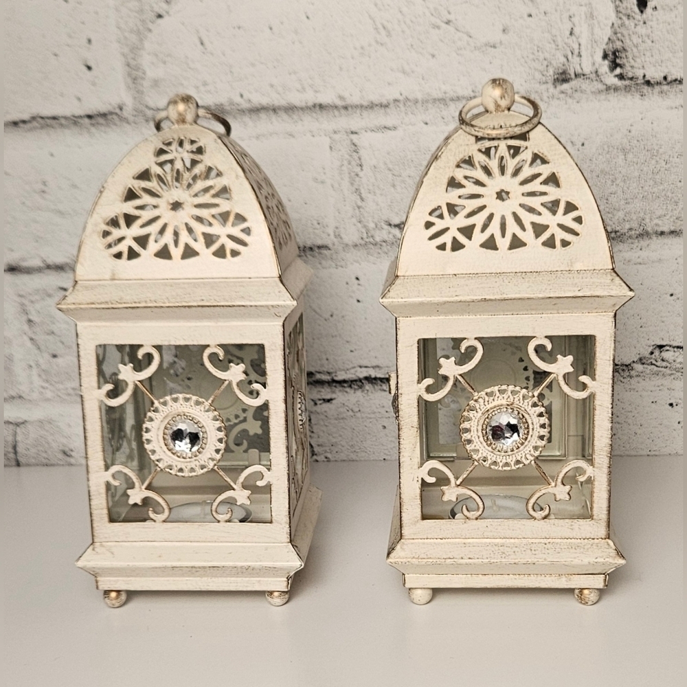 Pier 1 Metal Lantern Candle Holders Set of 2 Cream Glass Cottagecore 8 Inch